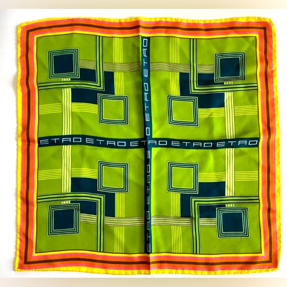 ETRO Silk Pocket 17.5” Square Scarf Foulard 🍏 Green Blue Geometric Rolled Hem